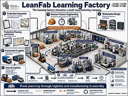 Prinzipdarstellung einer Produktionsfabrik mit englischen Erläuterungen