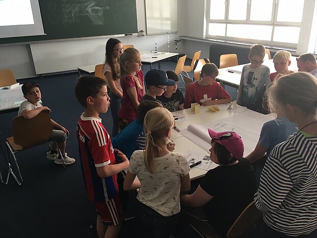 Kinderuni-Gruppe rund um einen Tisch bei der Gruppenarbeit