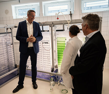 Hr. Schweitzer füllt mit Tanja und Michael Lakatos einen Photobioreaktor mit neuen Mikroalgen. Hr. Schweitzer füllt mit Tanja und Michael Lakatos einen Photobioreaktor mit neuen Mikroalgen.