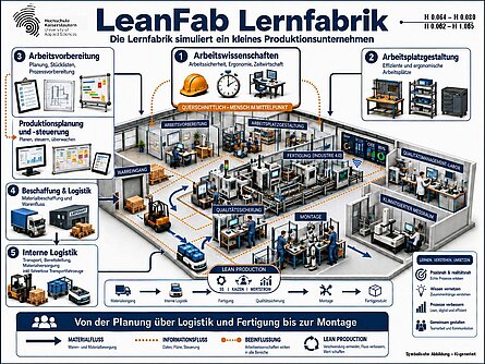 Prinzipdarstellung einer Produktionsfabrik mit deutschen Erläuterungen